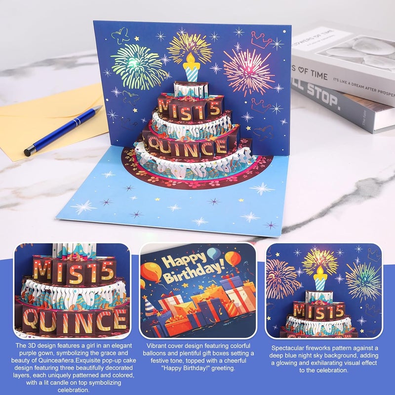 ROTEL Quinceanera Card,Pop Up Cake Light and Music Happy 15th Birthday Card for Quinceanera Gifts,Tarjetas Para 15 Años Quinceañeras,Numero 15 Centro De Mesa Decoracion Para 15 Años Quinceañeras - Image 3