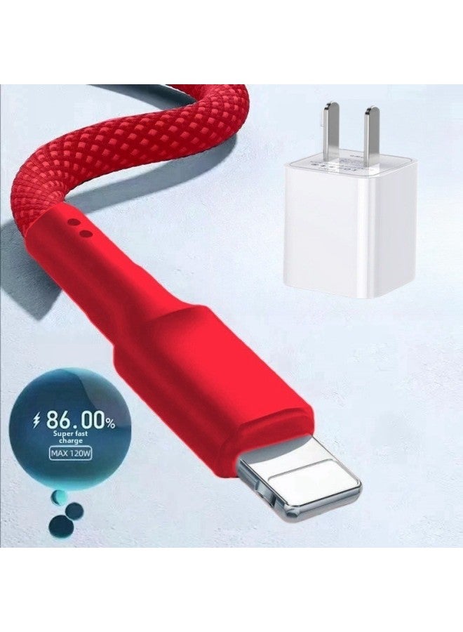Applicable To Apple Braided Data Line IPhone8/11/12/13/14 Fast Charging Line IPadAir Flat Charging Line-Color:1 Set (national Certified Charging Head + Stunning Red) - 2m (import Chip) Best Pure Copper - Non-destructive Flash Charging Without Damaging The Machine  - Image 1