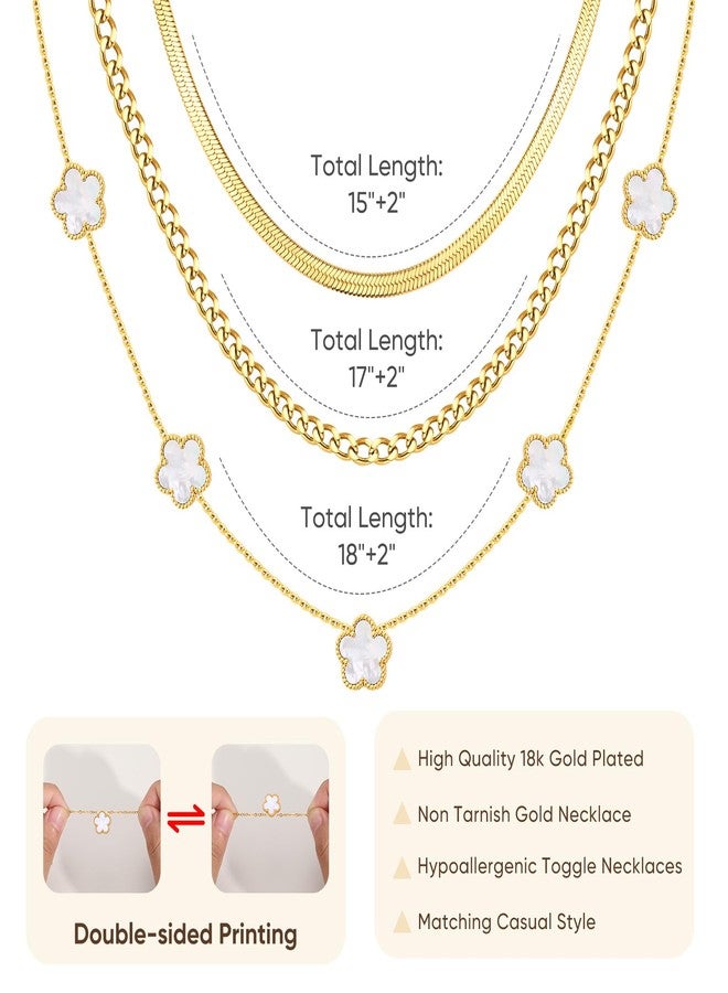 ام بيرينبو قلادة ذهبية متعددة الطبقات للنساء - 3 قطع من القلائد الزهرية المطلية بالذهب عيار 18 قيراطًا، سلسلة كوبية قابلة للتكديس من الفولاذ المقاوم للصدأ، مجوهرات عصرية لا تفقد بريقها، قلائد متعرجة، هدايا عيد الميلاد لها - Image 3