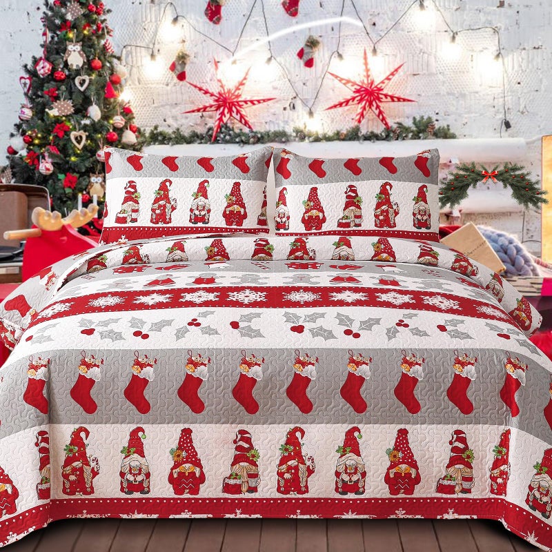 CHESITY Christmas Twin Size Bedding Quilt Set Reversible Xmas Bedspread Santa Claus Tree Quilts Plaid Bedding Breathable Snowmen Snowflake Coverlet Soft Lightweight Christmas Bed Decor(68""x86"") - Image 1