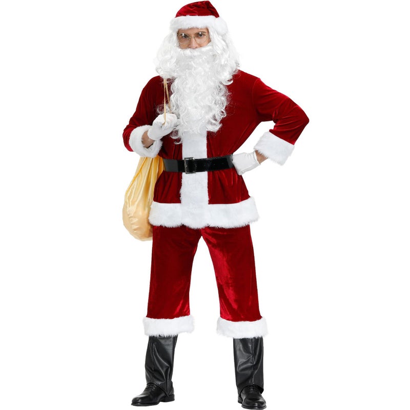 Mens Santa Costume M-4XL Christmas Outfit Santa Claus (hat, coat, gloves, belt, pants, shoes, boots, gold cloth bag, wig, beard)