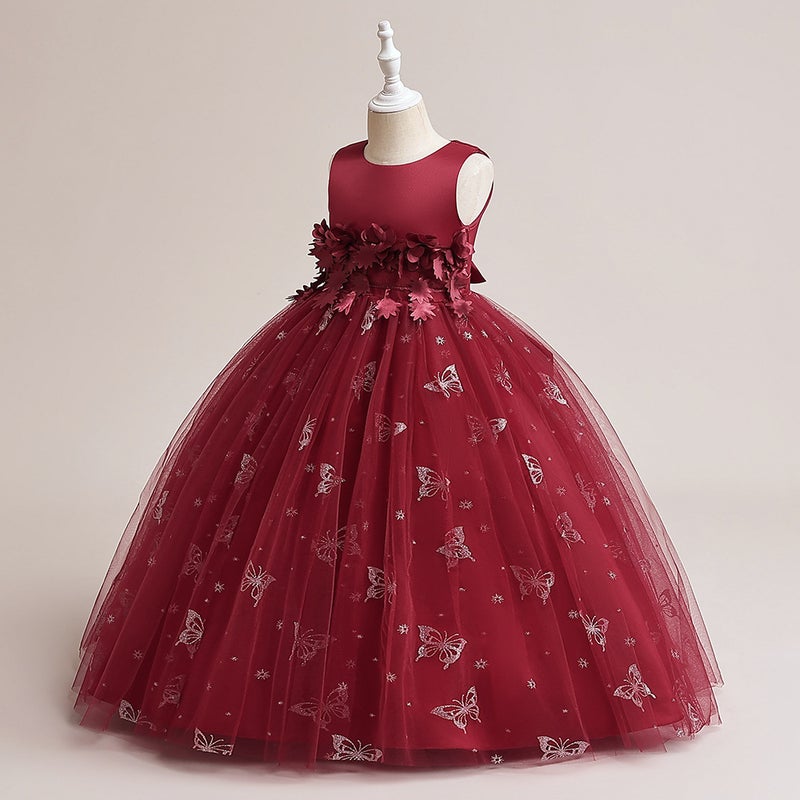 Girls Piano Performance Suit Long Wedding Dress Childrens Puffy Performance Suit 5-12 Years Old Middle School Childrens Girls Dress LP-362-Bordeaux