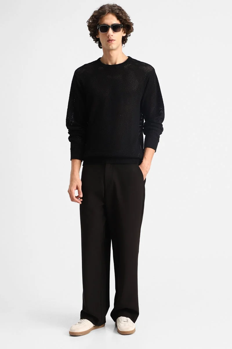 SNITCH Black Pointelle Knit Sweater for Men | Best Price UAE