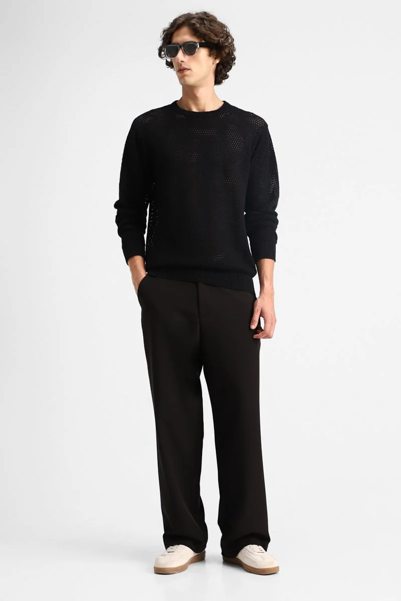 SNITCH Black Pointelle Knit Sweater for Men | Best Price UAE