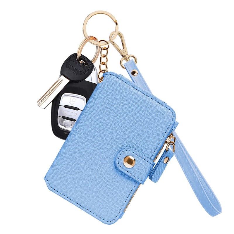 M-Plateau Wallet, Womens card Holder Leather Keychain Wallet With Zipper Coin Pocket ID Window Wrist Strap Gift Box (Sky Blue) - Image 1