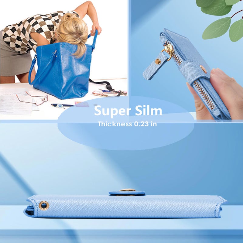 M-Plateau Wallet, Womens card Holder Leather Keychain Wallet With Zipper Coin Pocket ID Window Wrist Strap Gift Box (Sky Blue) - Image 3