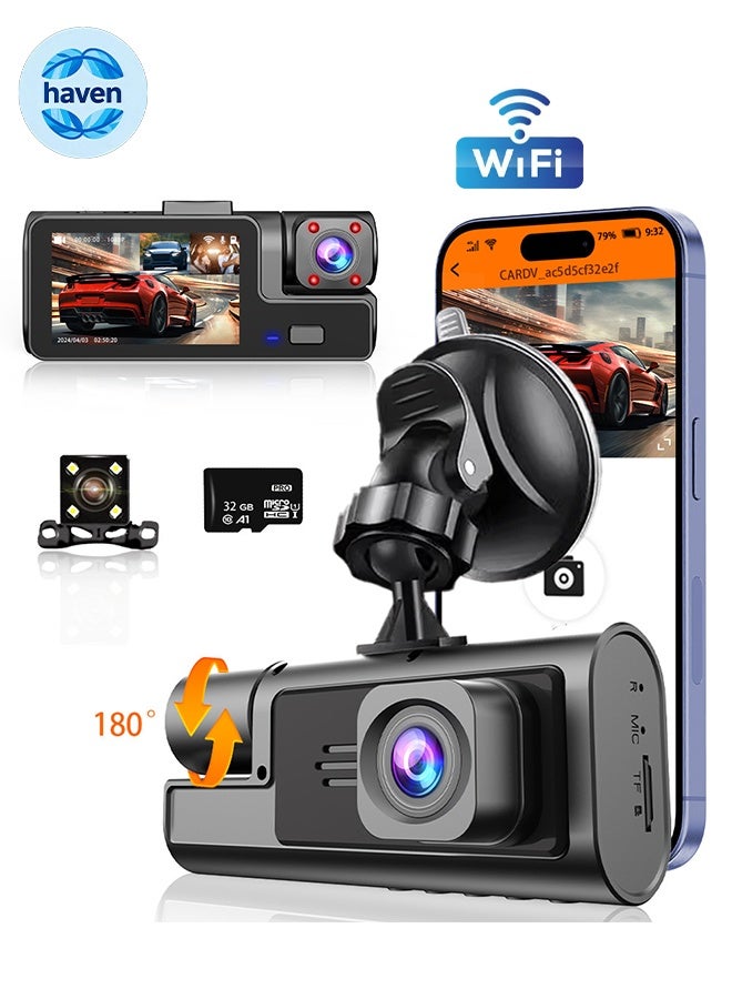 HAVEN HD 1080P Dash Cam 3 Channel Dash Cam Front Rear and Interior Dash Cam Car Camera Night Vision Dash Cam for Cars with 32GB Memory Card - Image 1