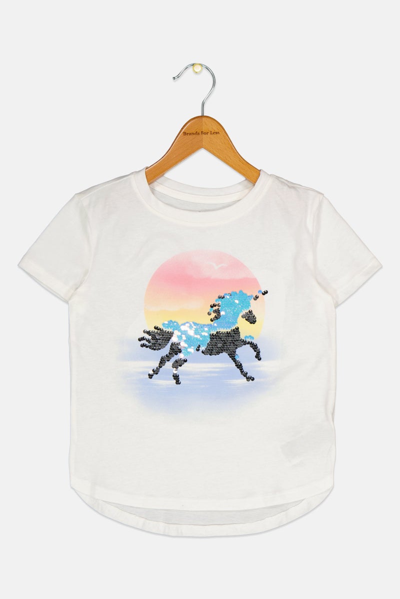 GAP Kids Girl Round Neck Short Sleeves Printed Top, Off White - Image 1