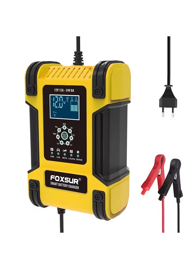 Generic Foxsur Full Automatic Car Battery Charger 12V 12A Digital Display Battery Charger Power Pulse Repair Chargers Wet Dry Lead Acid  - Image 1
