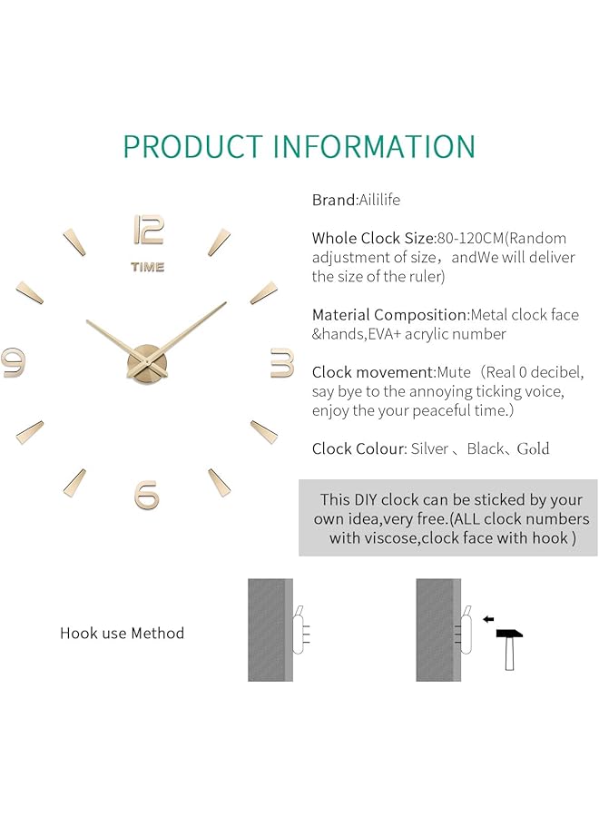إيروريكس ساعة حائط ثلاثية الأبعاد DIY ديكور ملصق مرآة بدون إطار مجموعة ساعة حائط كبيرة DIY لغرفة المعيشة المنزلية وغرفة النوم والديكور المكتبي باللون الذهبي - Image 3