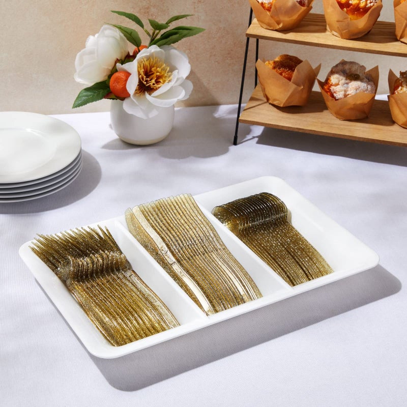 Juvale Juvale Gold Glitter Plastic Silverware for Wedding Party Supplies  Cutlery Includes Forks  Spoons  and Knives (Serves 48)  Pack of 144  - Image 2