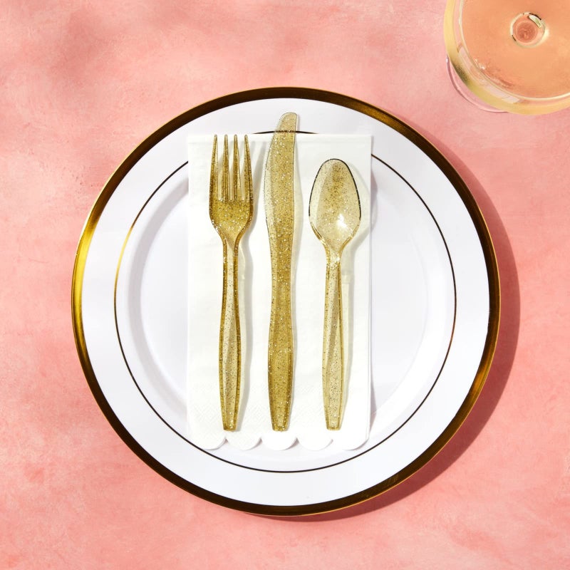 Juvale Juvale Gold Glitter Plastic Silverware for Wedding Party Supplies  Cutlery Includes Forks  Spoons  and Knives (Serves 48)  Pack of 144  - Image 3