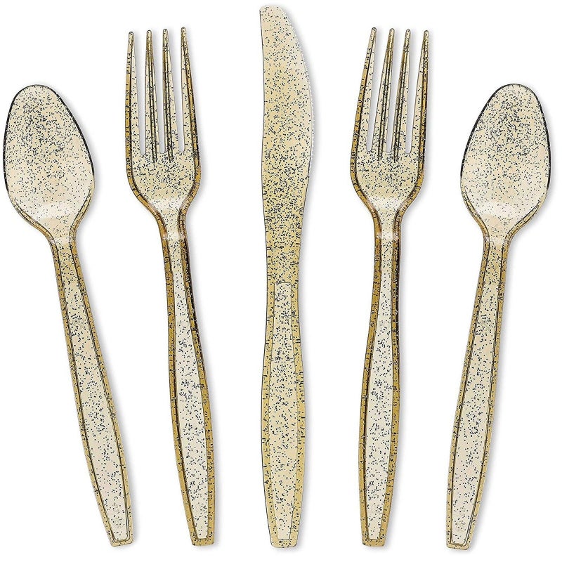 Juvale Juvale Gold Glitter Plastic Silverware for Wedding Party Supplies  Cutlery Includes Forks  Spoons  and Knives (Serves 48)  Pack of 144  - Image 1