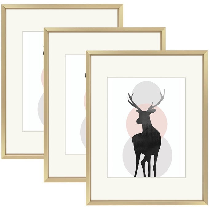 11X14 METAL ALUMINUM PICTURE FRAME SET OF 3 DISPLAY PICTURES 8X10 WITH MAT OR 11 X 14 WITHOUT MAT WALL MOUNTING GALLERY PHOTO FRAMES GOLD