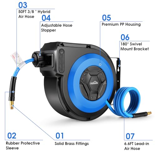 Himimi 50FT + 6.6FT Retractable Air Hose Reel, Ceiling/Wall Mount Penumatic Hose Reel for Garage Workshop, Auto Rewind, 3/8" x 50' Hybrid Air Hose Reel with Brass Fittings + Bend Restrictors, 300PSI - Image 2