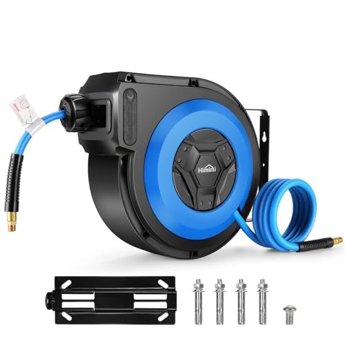 Himimi 50FT + 6.6FT Retractable Air Hose Reel, Ceiling/Wall Mount Penumatic Hose Reel for Garage Workshop, Auto Rewind, 3/8" x 50' Hybrid Air Hose Reel with Brass Fittings + Bend Restrictors, 300PSI - Image 1