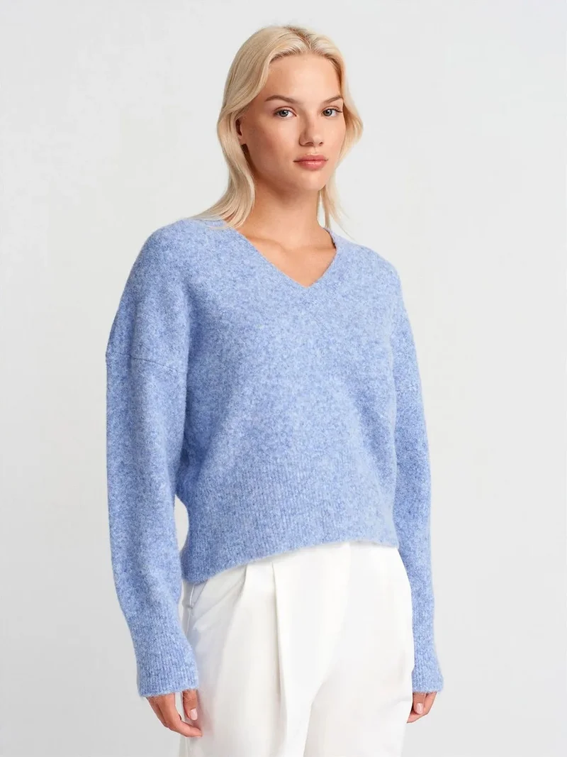 ديلفين Dilvin Women's V-neck Ribbed Knit Sweater
