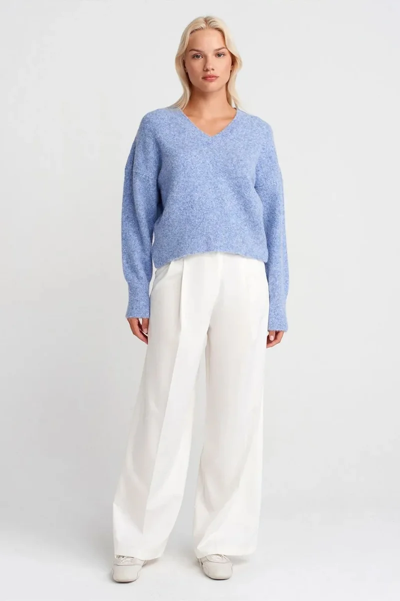 Dilvin Baby Blue DILVIN Women's V-neck Ribbed Knit Sweater for Women | Best Price UAE