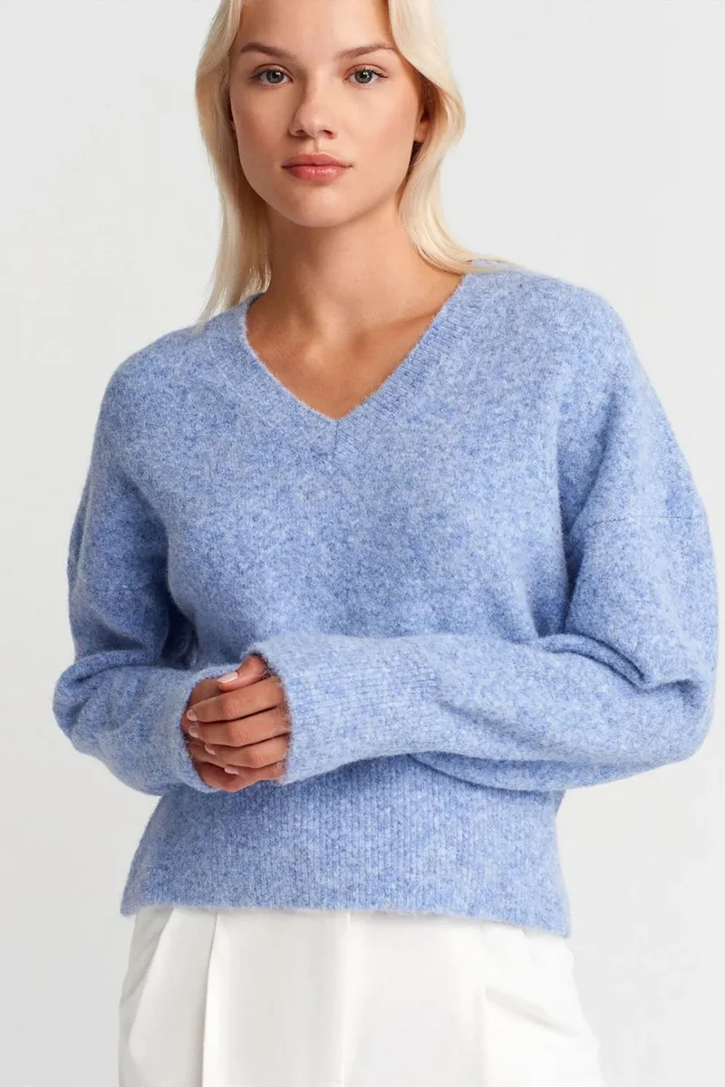 Dilvin Baby Blue DILVIN Women's V-neck Ribbed Knit Sweater for Women | Best Price UAE