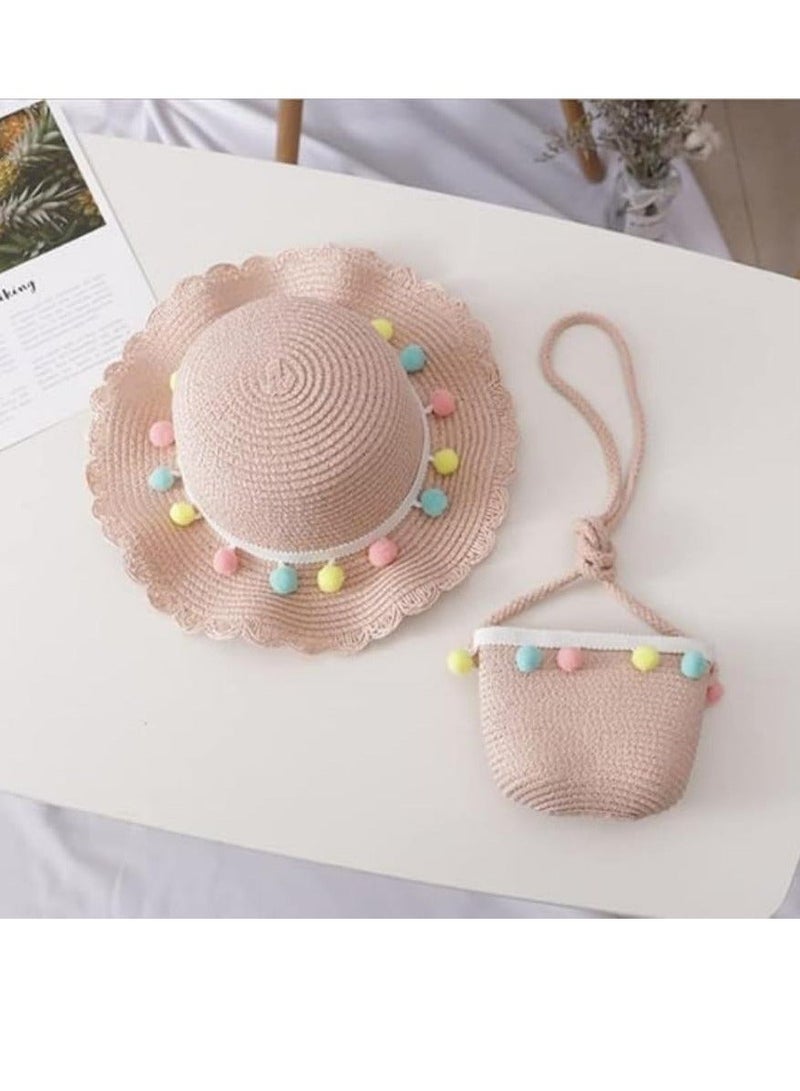 DUNISO Sun Hat With Shoulder Bag Set Wide Brim Sun Hat Beautiful Shoulder Bag Cute Pompom Flower Summer Beach Hat Suitable For Infants, Babies, Girls And Children - Image 3