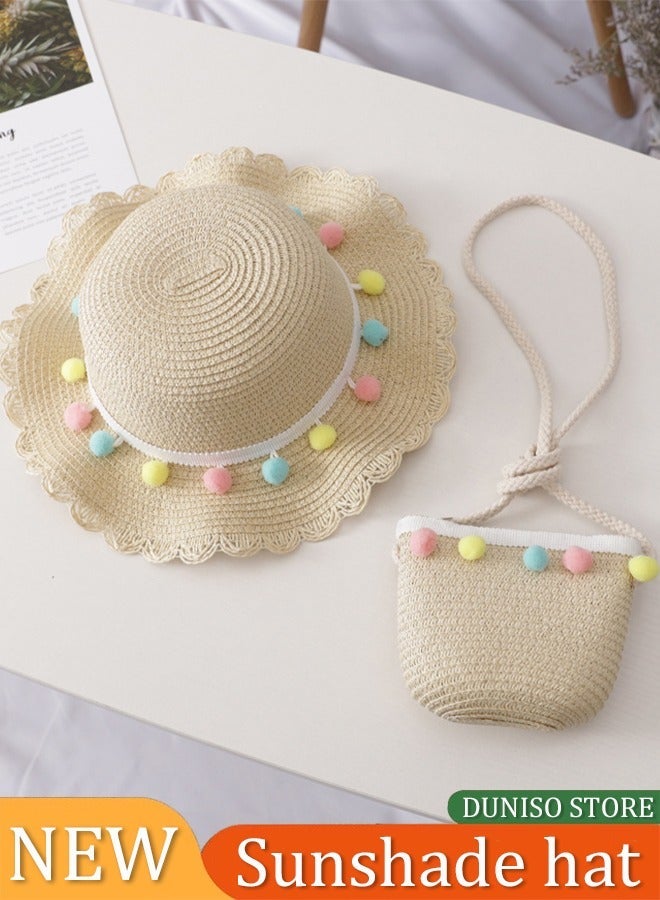 DUNISO Sun Hat With Shoulder Bag Set Wide Brim Sun Hat Beautiful Shoulder Bag Cute Pompom Flower Summer Beach Hat Suitable For Infants, Babies, Girls And Children - Image 1