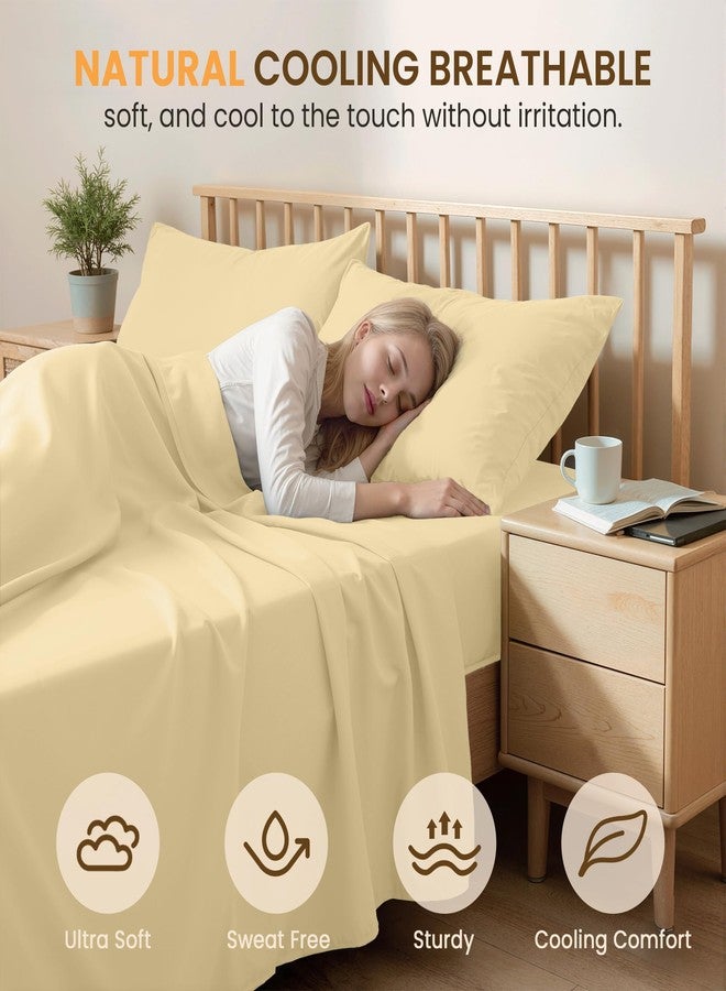 طقم ملاءات سرير من 4 قطع بحجم كوين من USXIBEI - قطن صناعي فائق الجودة - ملاءات فاخرة تسمح بمرور الهواء وتوفر البرودة - ملاءات فاخرة للفنادق بجيب عميق يصل إلى 15 بوصة - مقاومة للتجاعيد والبهتان والبقع (بيج، كوين) - Image 3