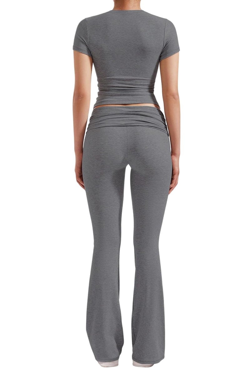 ZFLM Casual Workout Two Piece Outfits for Women Short Sleeve Crop High Waist Foldover Flare Pants Tracksuit Sets Streetwear - Image 4