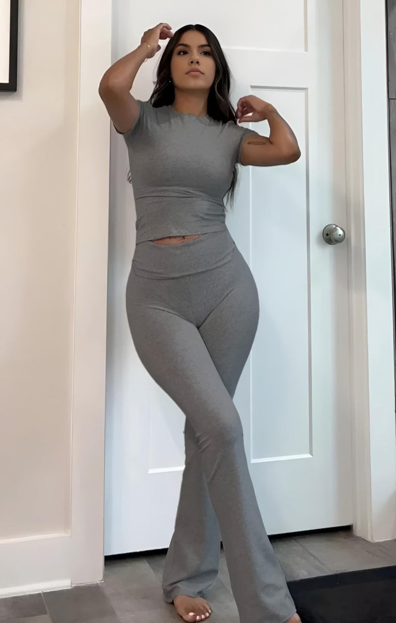 ZFLM Casual Workout Two Piece Outfits for Women Short Sleeve Crop High Waist Foldover Flare Pants Tracksuit Sets Streetwear - Image 5