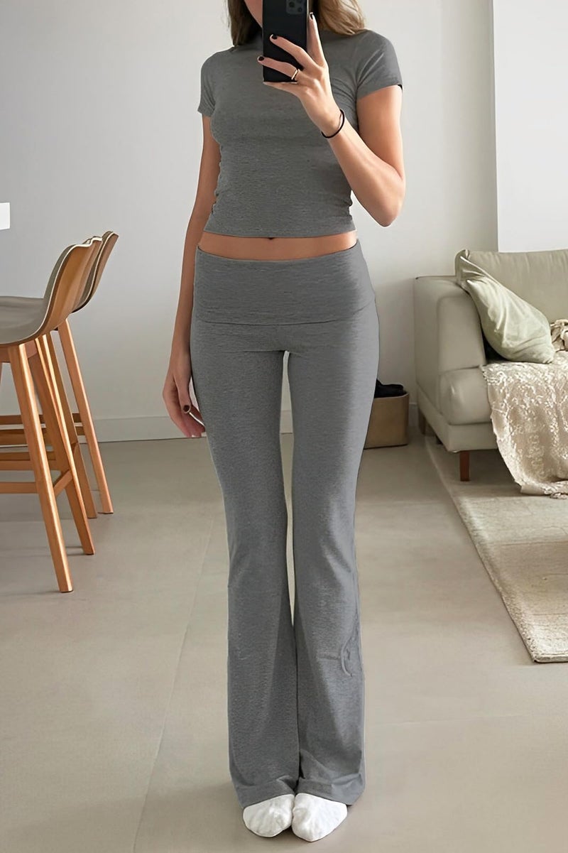 ZFLM Casual Workout Two Piece Outfits for Women Short Sleeve Crop High Waist Foldover Flare Pants Tracksuit Sets Streetwear - Image 3