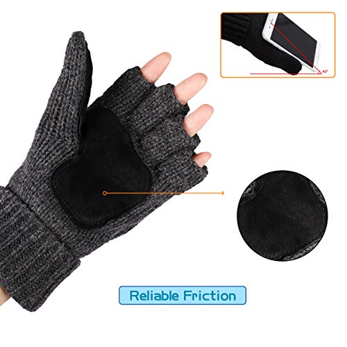 OMECHY Winter Knitted Fingerless Wool Gloves Thermal Insulation Warm Convertible Mittens Flap Cover for Men Women - Image 2