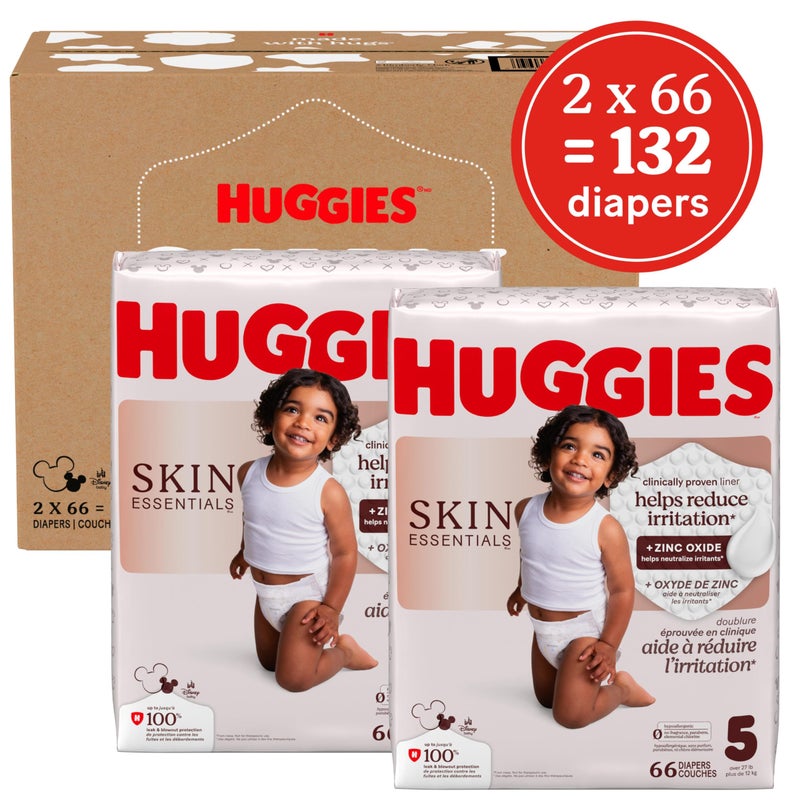 Huggies Size 5 Diapers, Skin Essentials Baby Diapers, Size 5 (27+ lbs), 132 Count (2 Packs of 66), Packaging May Vary - Image 2