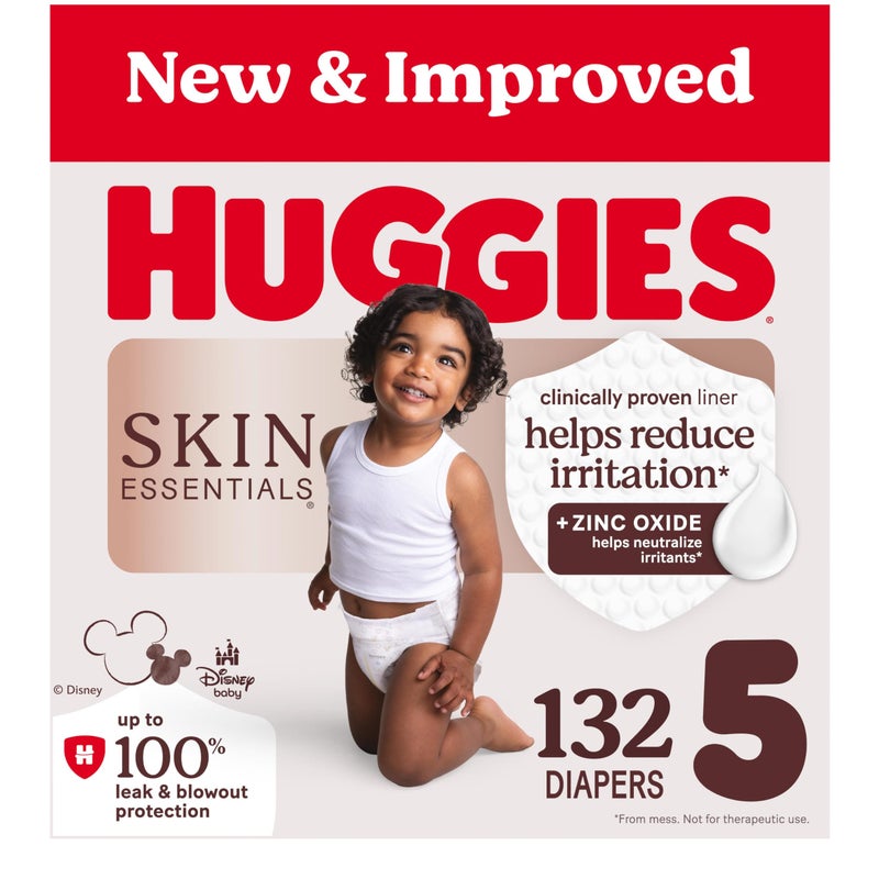 Huggies Size 5 Diapers, Skin Essentials Baby Diapers, Size 5 (27+ lbs), 132 Count (2 Packs of 66), Packaging May Vary - Image 1