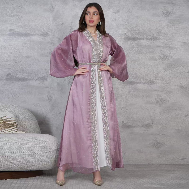Elegant Puff Sleeve Long Dress 3-Piece Set with Rhinestone - Image 4