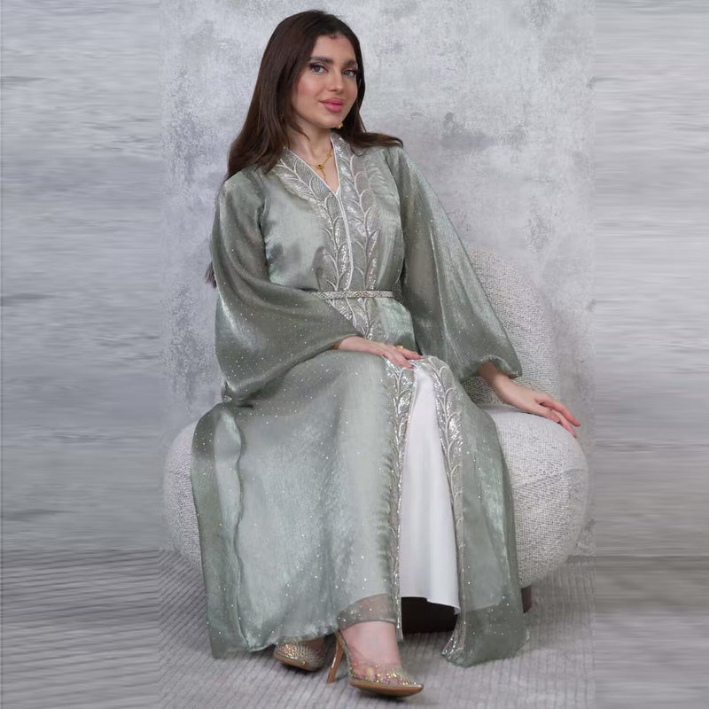Elegant Puff Sleeve Long Dress 3-Piece Set with Rhinestone - Image 3
