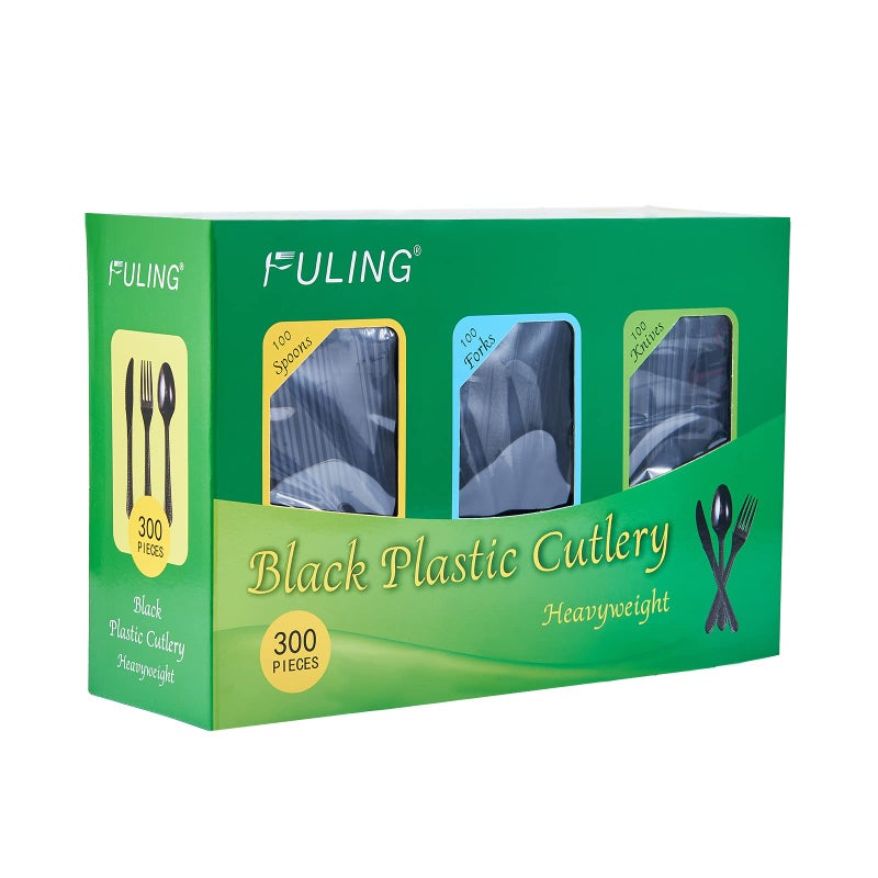 FULING 300 Combo Box Black Plastic Forks Spoons Knives Heavyweight Utensils Disposable Silverware Heavy Duty Cutlery Set