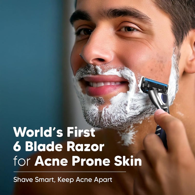 Lets Shave Pro 6 Acne Friendly Razor for Men | Anti-Acne Shaving Kit with 1 Handle, 2 Blades & Razor Cap | Clog-Free 6-Blade Design with Beard Styling Back-Blade | Gentle on Acne-Prone Skin - Image 2