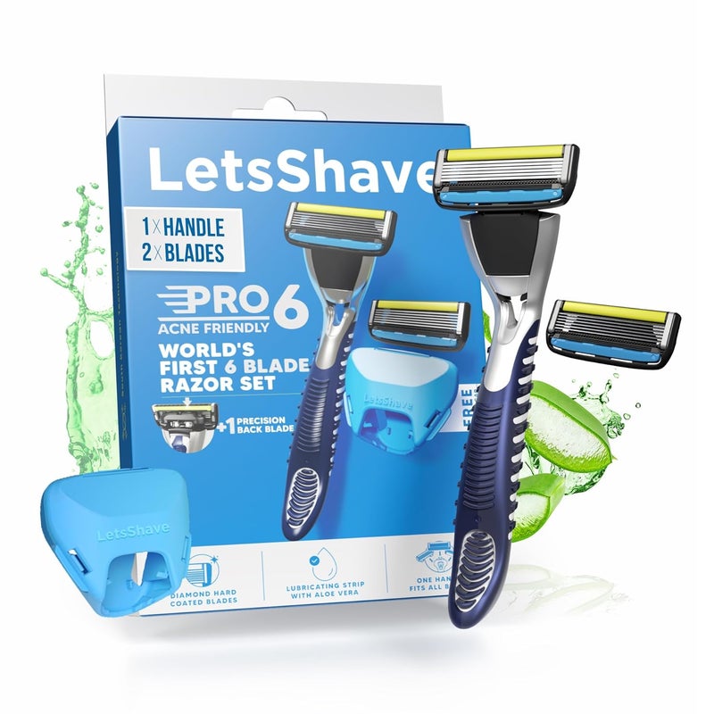 Lets Shave Pro 6 Acne Friendly Razor for Men | Anti-Acne Shaving Kit with 1 Handle, 2 Blades & Razor Cap | Clog-Free 6-Blade Design with Beard Styling Back-Blade | Gentle on Acne-Prone Skin - Image 1