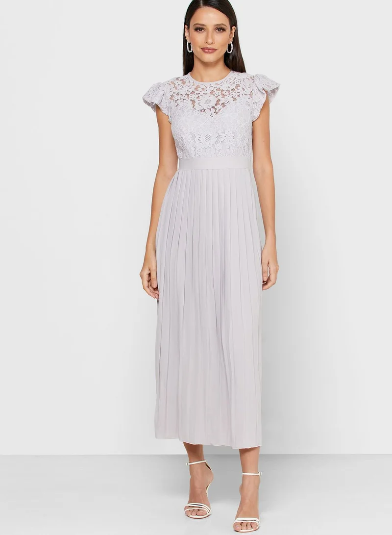 Little Mistress Lace Angel Sleeve Plisse Dress
