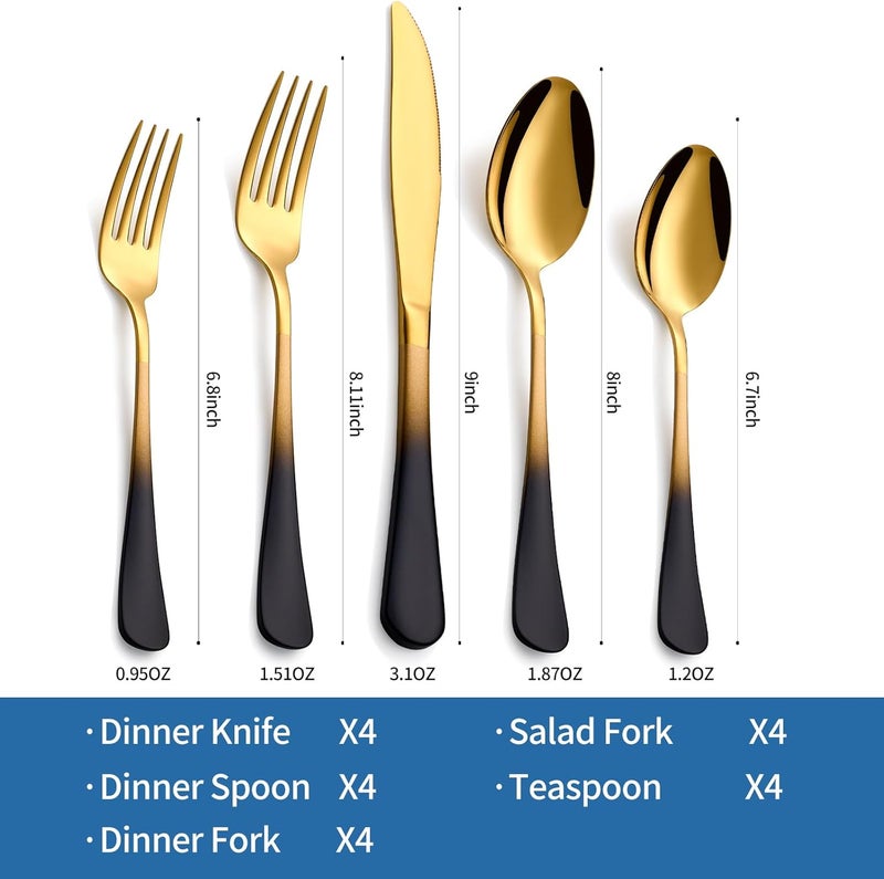 Moxinox 20-Piece Black Gold Silverware Set, 18/0 Stainless Steel Colorful Handle Flatware Set,Service for 4,Modern Cutlery Set Includes Dinner Knives Forks Spoons,Mirror Polished,Dishwasher Safe - Image 2