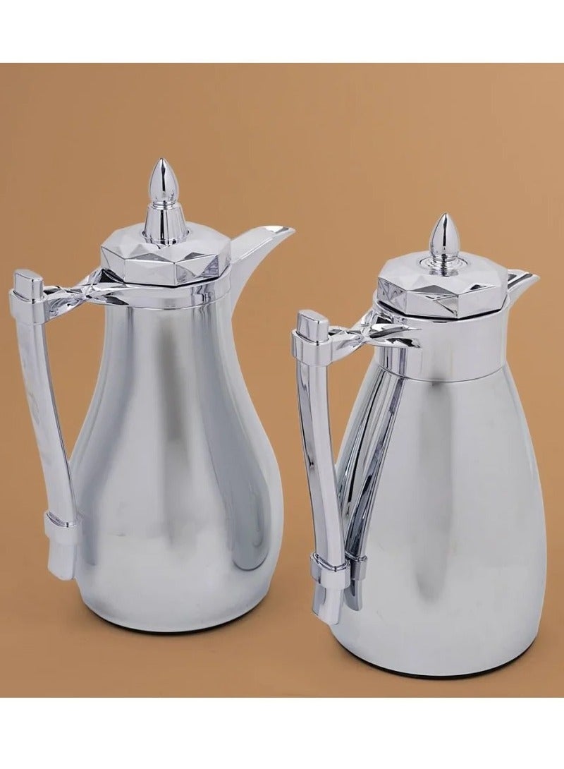 Two-piece thermos set for tea and coffee, elegantly designed in full stainless steel.