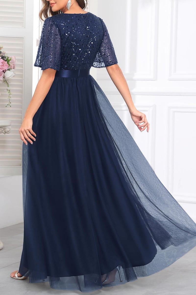 Talisea Formal Dresses Women Navy Blue Prom Evening Gown Sequin Tulle V Neck Ruffle Short Sleeve Empire Waist A Line Long Dress - Image 3