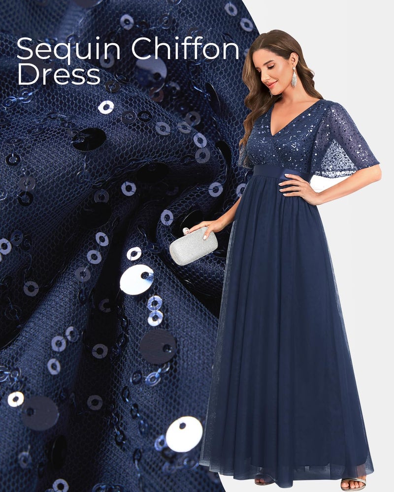Talisea Formal Dresses Women Navy Blue Prom Evening Gown Sequin Tulle V Neck Ruffle Short Sleeve Empire Waist A Line Long Dress - Image 4