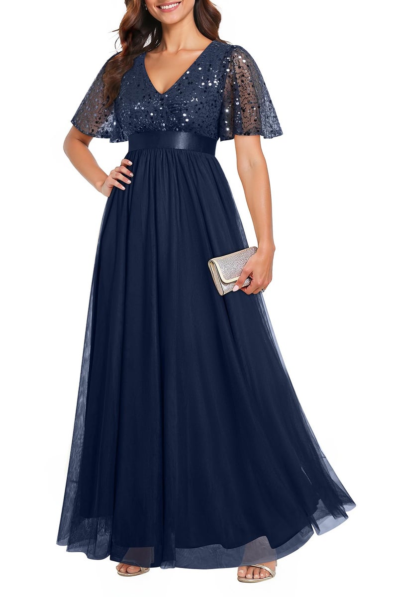 Talisea Formal Dresses Women Navy Blue Prom Evening Gown Sequin Tulle V Neck Ruffle Short Sleeve Empire Waist A Line Long Dress - Image 1