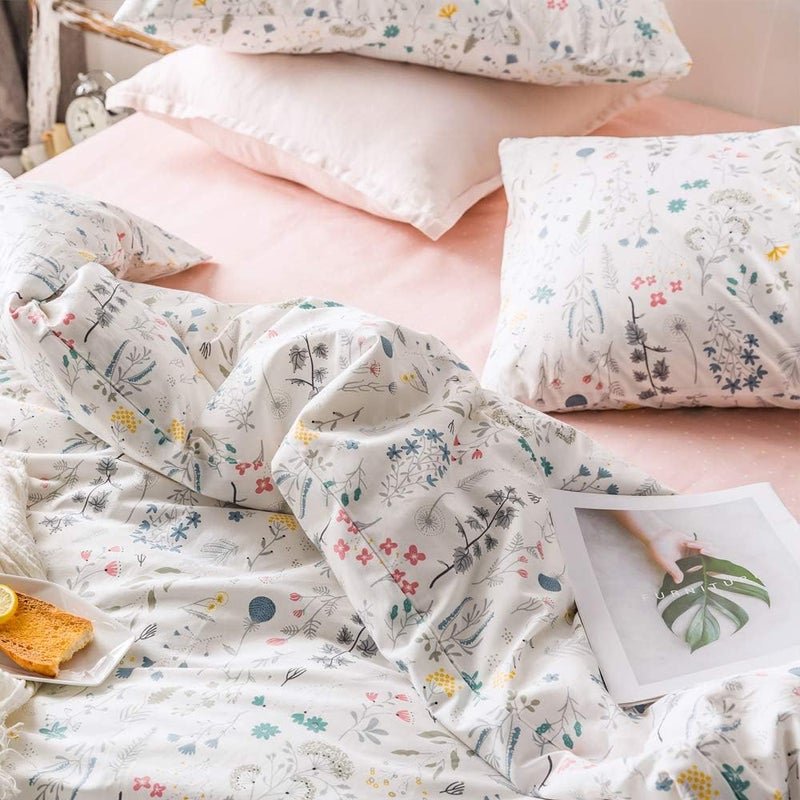 AMWAN Floral Pink Flower Botanical 100% Cotton Comforter Cover Garden Style 1 Floral Duvet Cover 2 Pillowcases Full Queen Bedding Set - Image 5