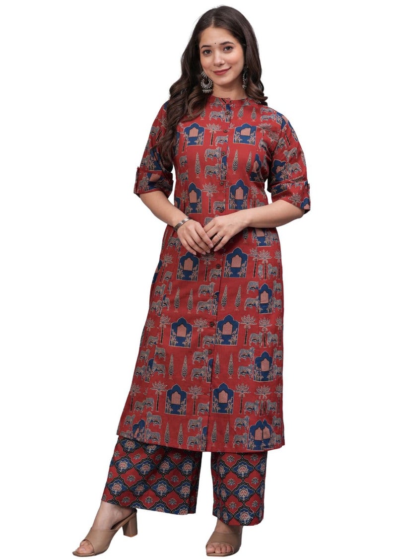 rytras Women's Pure Cotton Printed A-Line Kurta Set with Palazzo Pants - Ethnic Wear, Maroon(RYT595,XXL) - Image 3
