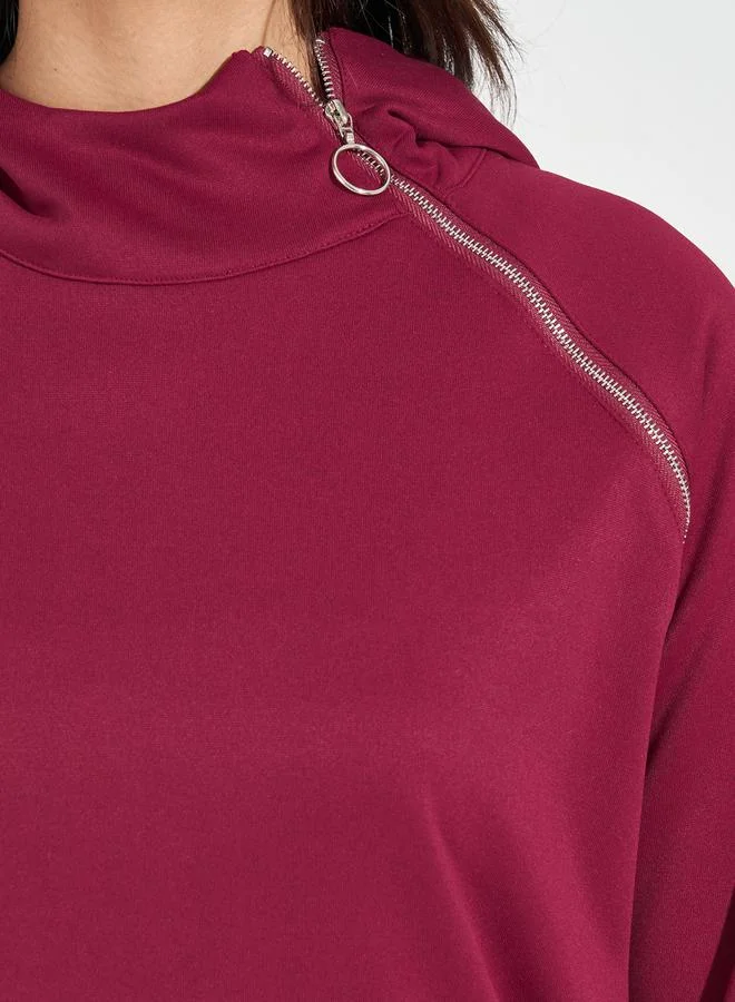 Styli Solid Flipper Zip Detail Sweatshirt Midi Dress