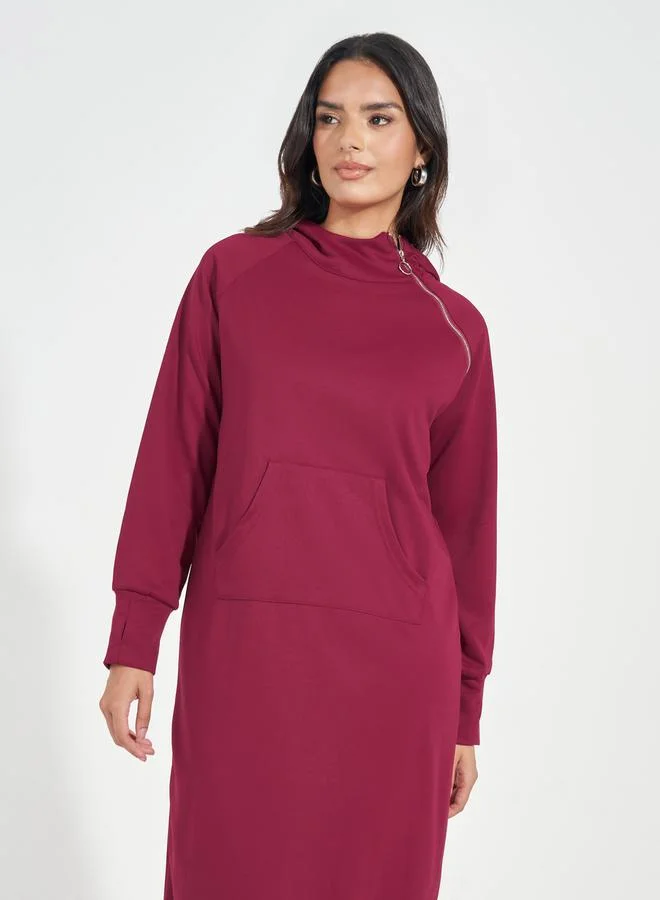 Styli Solid Flipper Zip Detail Sweatshirt Midi Dress