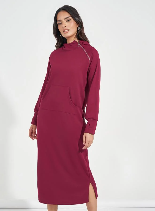 Styli Solid Flipper Zip Detail Sweatshirt Midi Dress