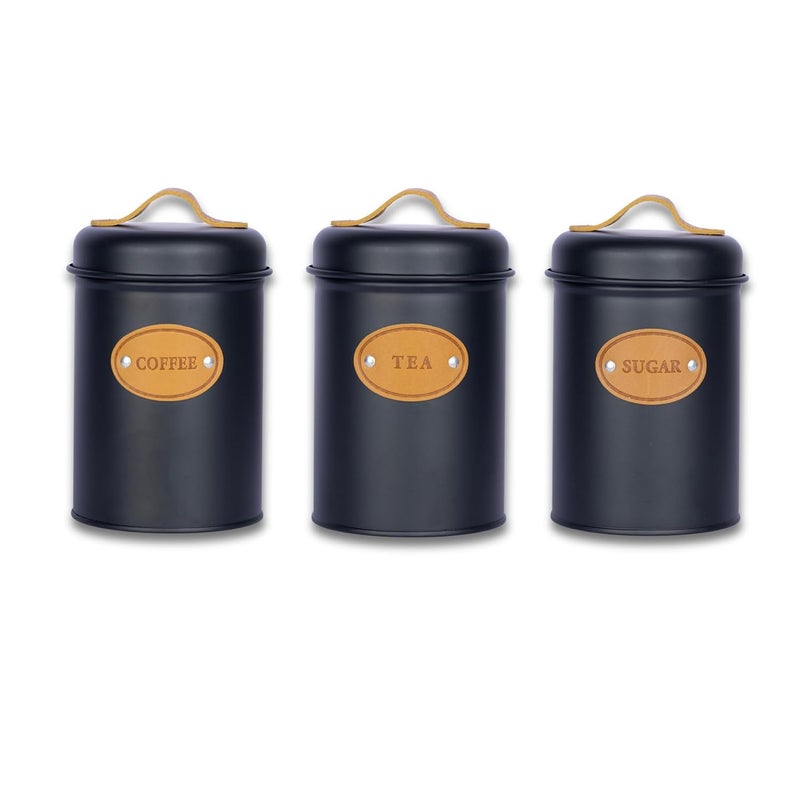 GREECHO Coffee Canister Chai Sugar Dabba Condiment Shape Airtight Coffee Beans Elegant Tea Organizer Metal Kitchen Storage Container Box Set of 3 D2_Black - Image 1