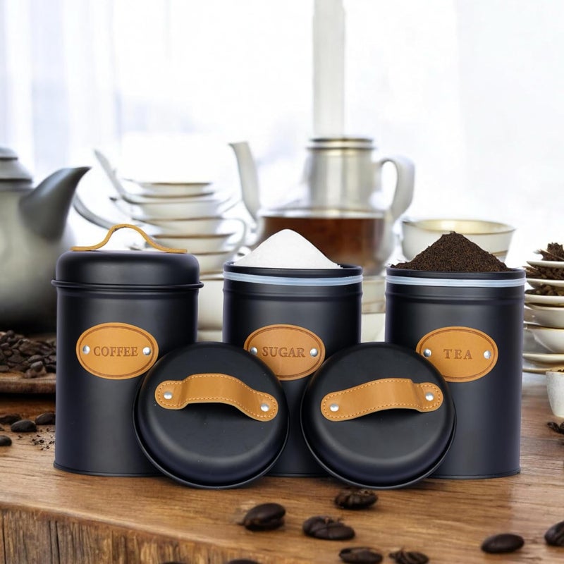 GREECHO Coffee Canister Chai Sugar Dabba Condiment Shape Airtight Coffee Beans Elegant Tea Organizer Metal Kitchen Storage Container Box Set of 3 D2_Black - Image 5
